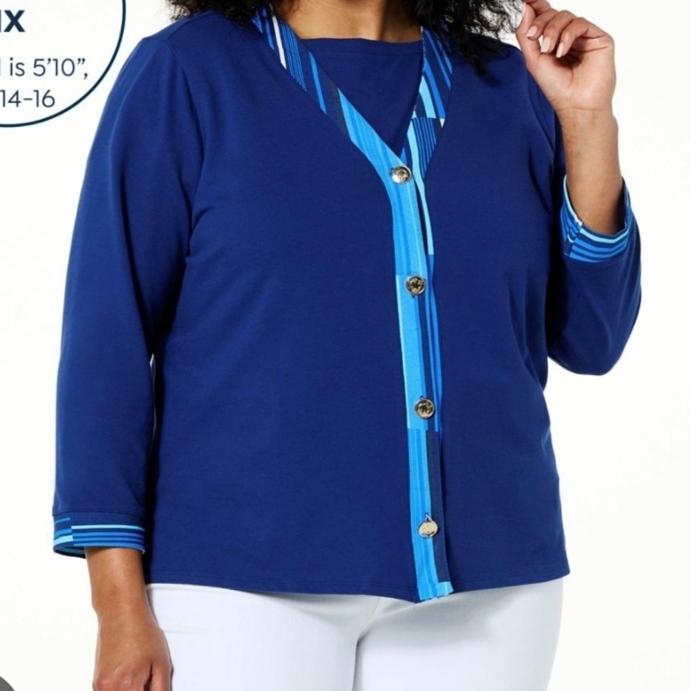 Women's Blue Cardigan with Striped Accents